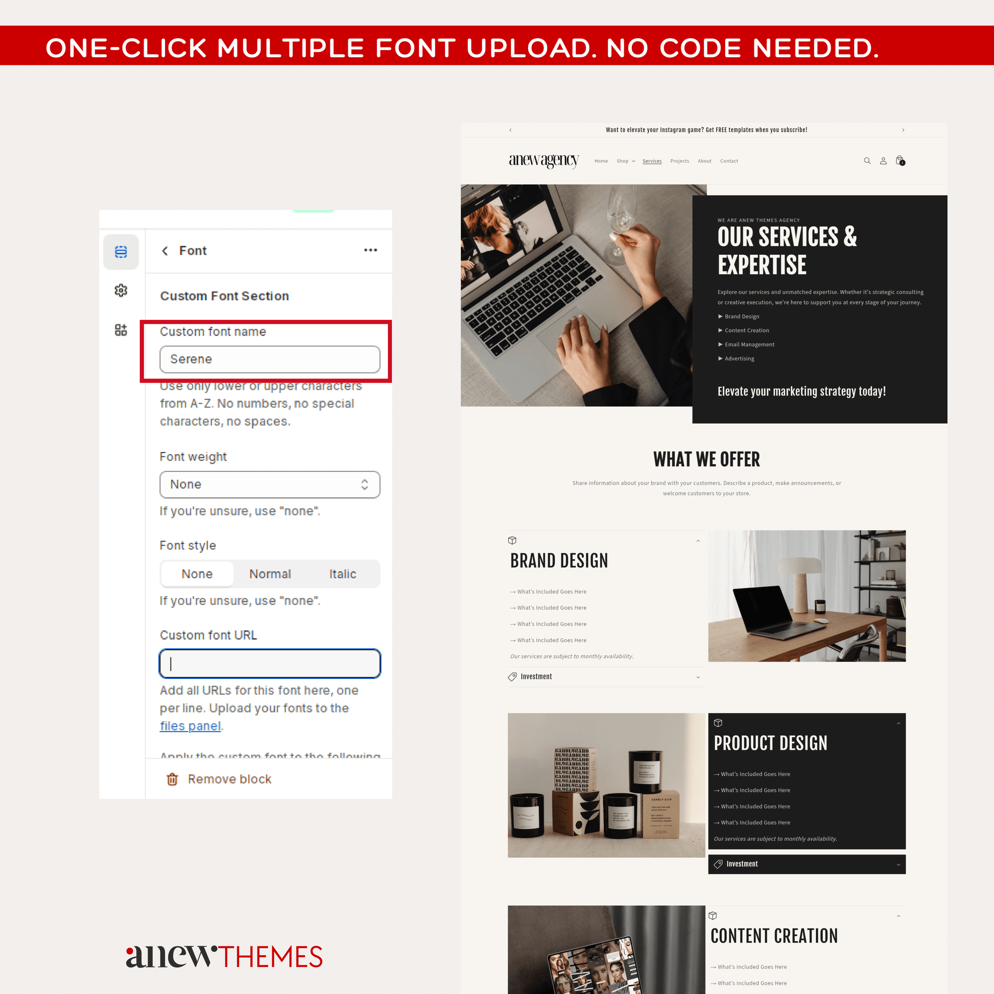 Shopify website template for marketing agencies high-converting Shopify themes for agencies with one click multiple font upload, no code needed.