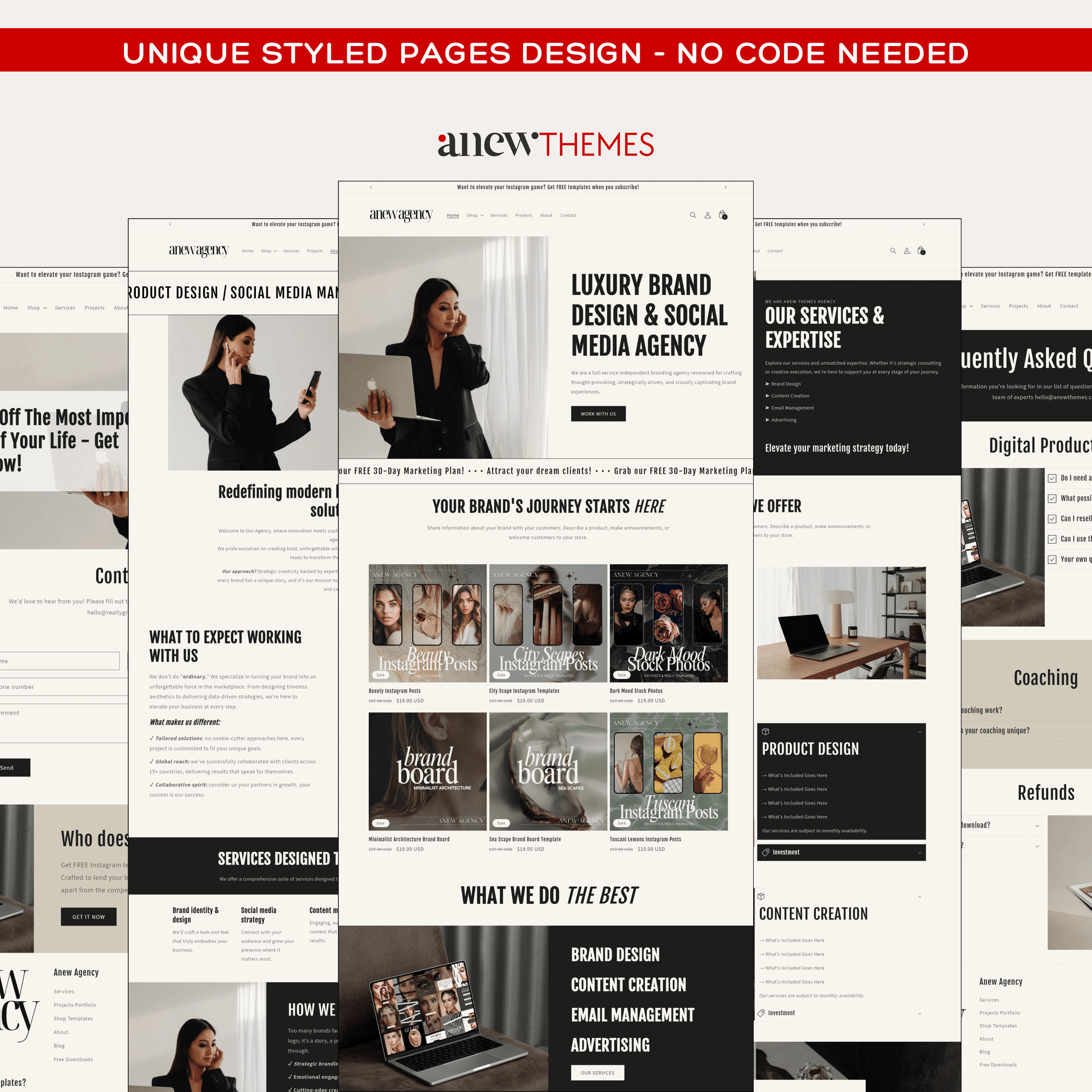 Anew-themes-Shopify website template for marketing agencies and selling digital products featuring ten unique styled pages design such as About, Services, Projects, Faq and Contact page.