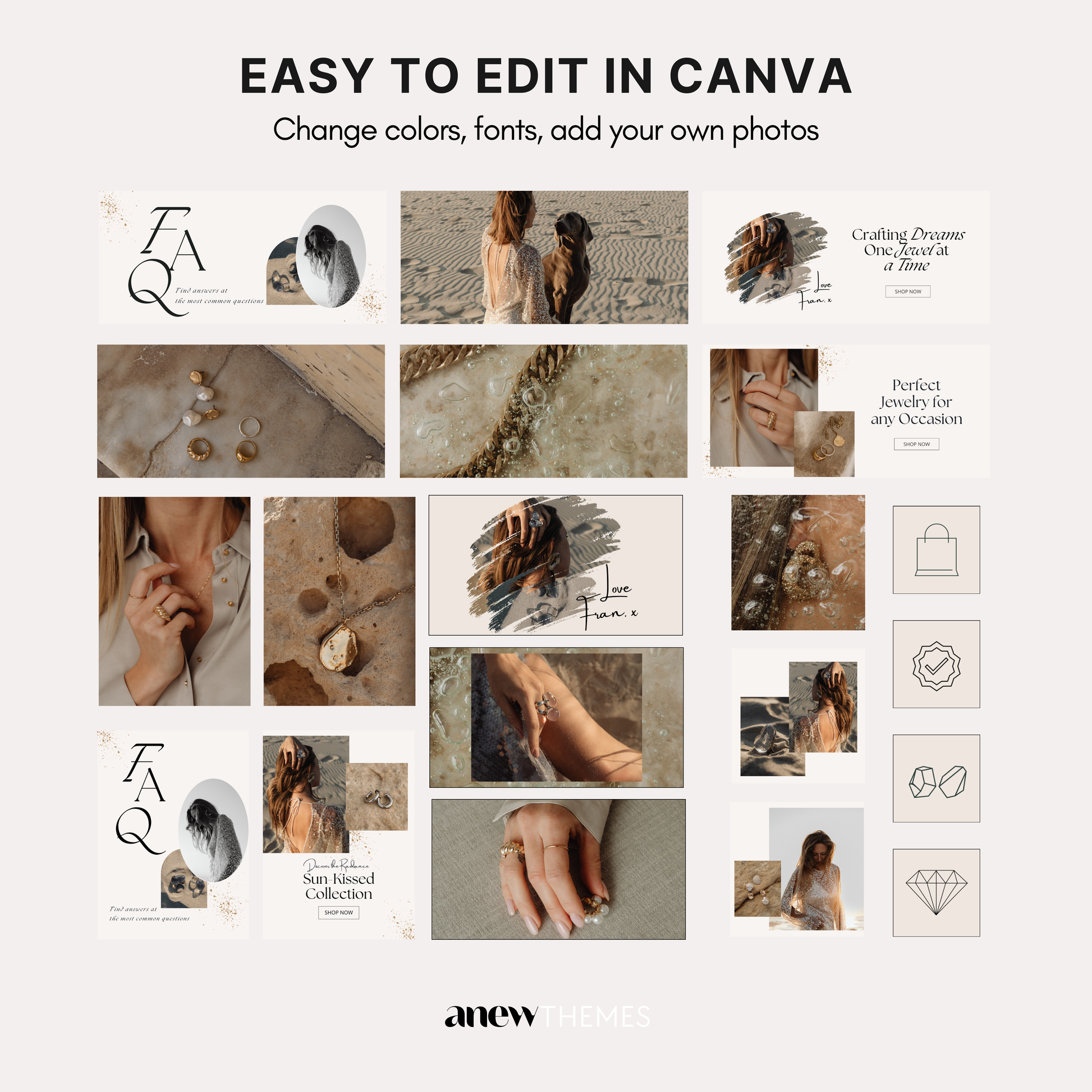 Anew themes Canva banners and graphics for modern jewelry shopify website template